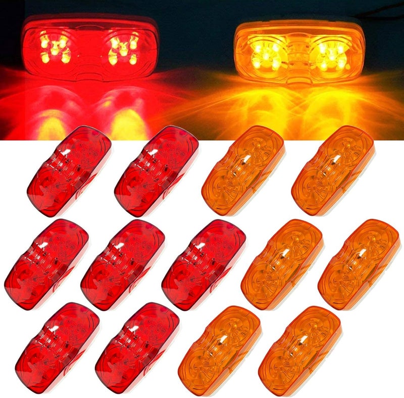 HHCSOP 13Pcs Amber/Red Trailer Marker Light 10LED Double Bullseye Side Marker Lights Tiger Eye Lamp 4x2 Rectangle Led Light Indicators Surface Mount RV Camper Trucks, 2 Wire - Image 1